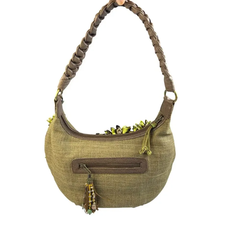 Mary Frances olive green burlap hobo bag floral embellished beaded art to wear